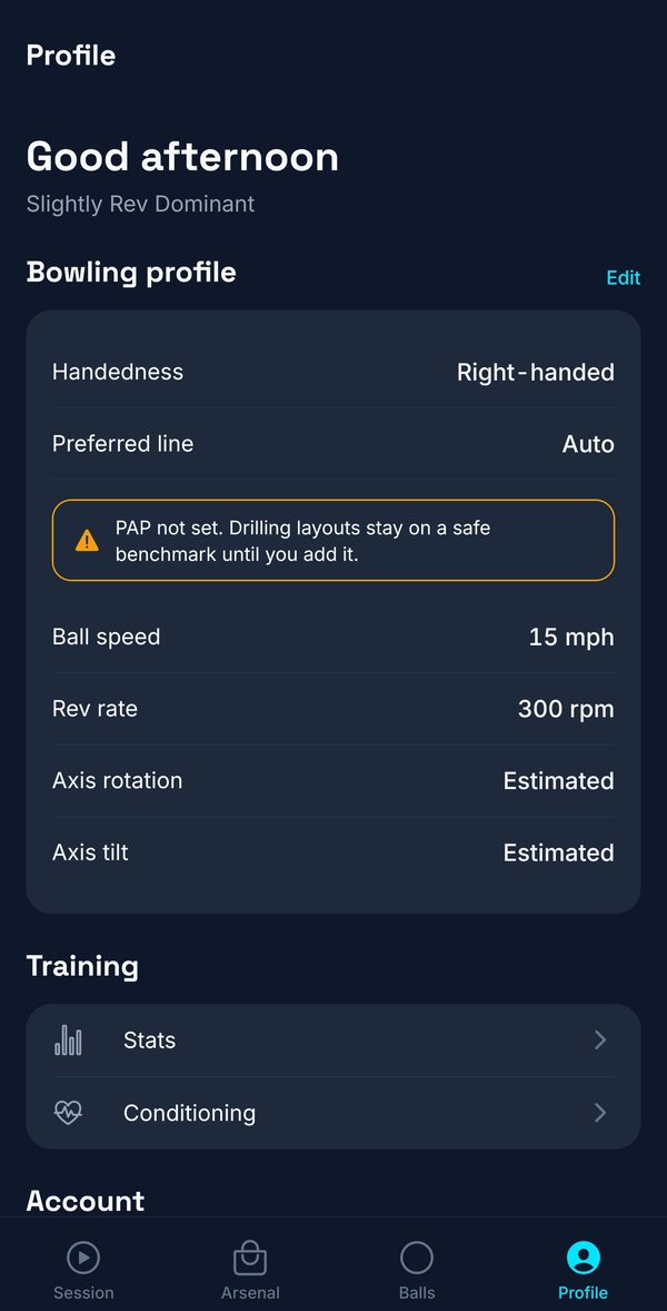 Bowler profile with handedness, speed, and rev rate